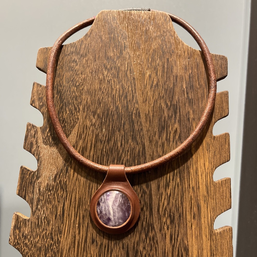 Natural Amethyst Gemstone Necklace with Genuine Brown Leather Pendant 19"